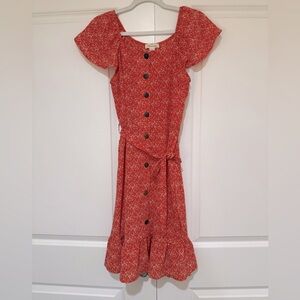 Monteau Los Angeles Size Med Dess Summer Orange/Red Floral Buttons Cap Sleeves